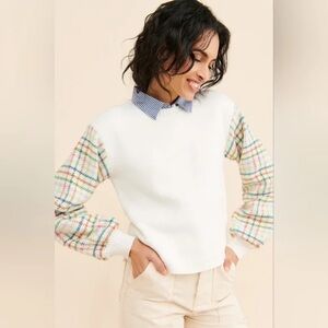 English Factory White Sweater with Multicolor Wool Blend Plaid Sleeves